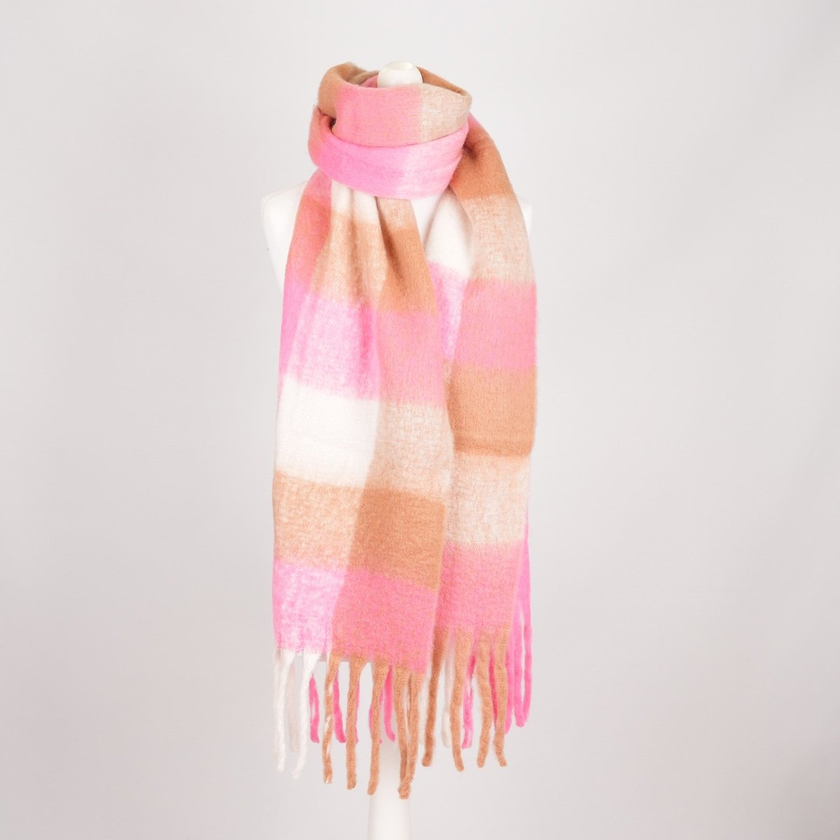 Luxuriously Soft Lightweight Plaid Scarf with Long Fringes – Elegant Draped Wrap - Bright Pink Check - Heritage Of Scotland -