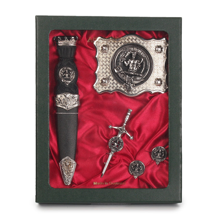 MacArthur Clan Badge, Kilt Pin, Lapel Pin, Cufflinks, Keyring/Key Fob & Gift Set — Fine Pewter by Art Pewter — Made in Scotland (Shiny Finish) - Heritage Of Scotland - Gift Set