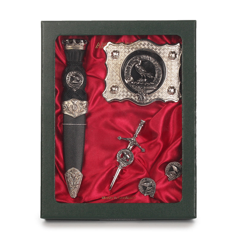 MacDonald of Glengarry Clan Badge, Kilt Pin, Lapel Pin, Cufflinks, Keyring/Key Fob & Gift Set — Fine Pewter by Art Pewter — Made in Scotland (Shiny Finish) - Heritage Of Scotland - Gift Set