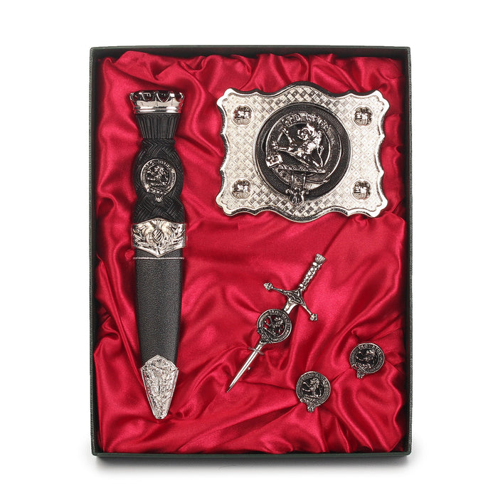 MacFie Clan Badge, Kilt Pin, Lapel Pin, Cufflinks, Keyring/Key Fob & Gift Set — Fine Pewter by Art Pewter — Made in Scotland (Shiny Finish) - Heritage Of Scotland - Gift Set