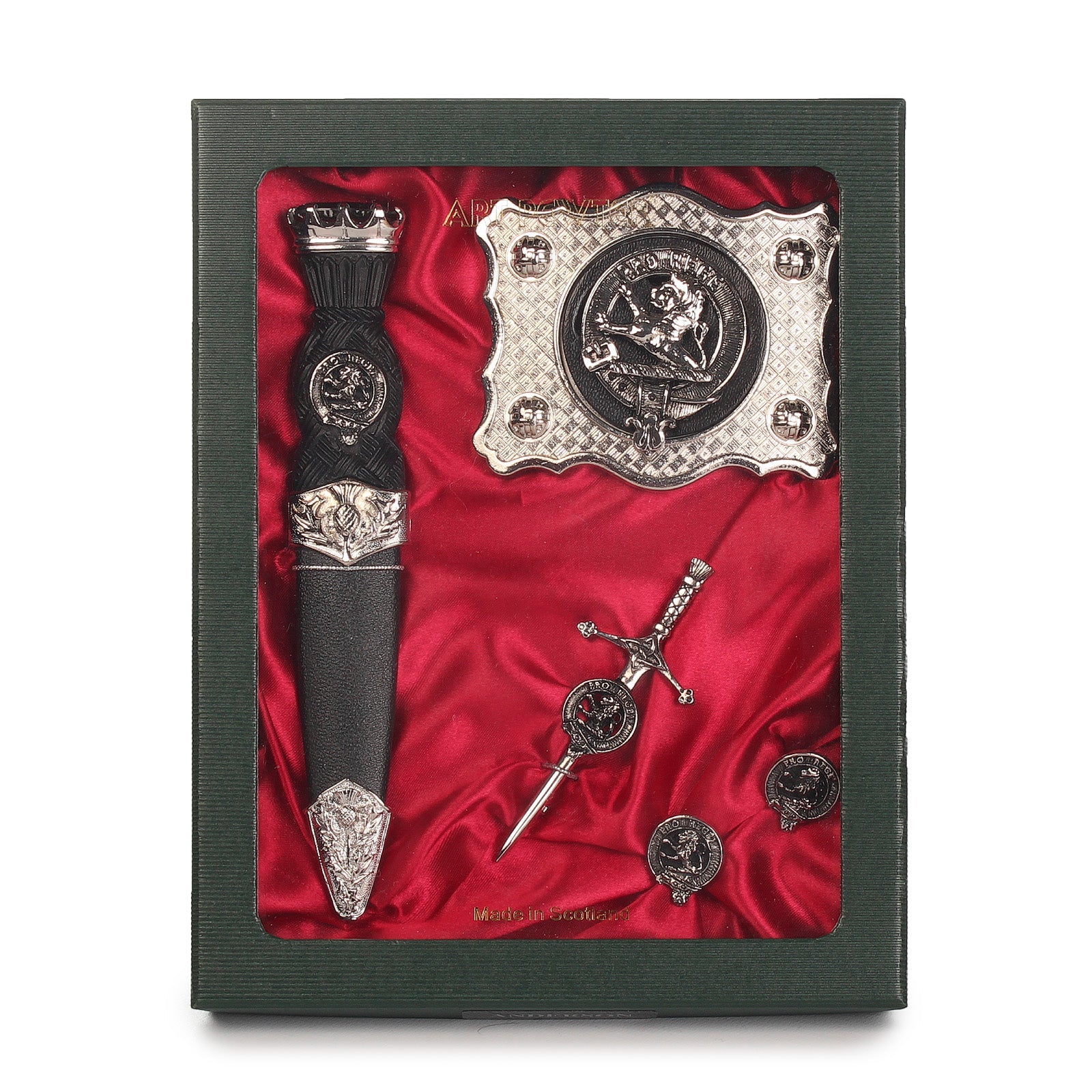 MacFie Clan Badge, Kilt Pin, Lapel Pin, Cufflinks, Keyring/Key Fob & Gift Set — Fine Pewter by Art Pewter — Made in Scotland (Shiny Finish) - Heritage Of Scotland - Gift Set