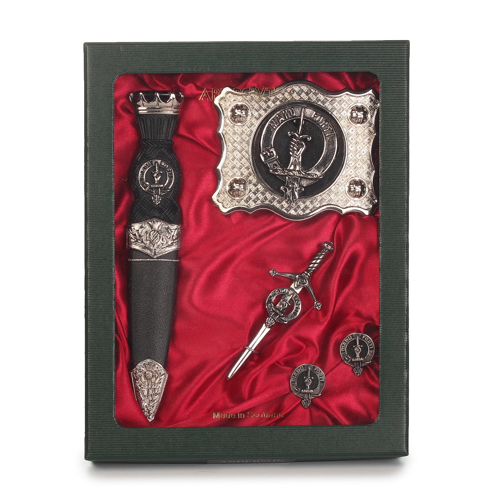 MacKay Clan Badge, Kilt Pin, Lapel Pin, Cufflinks, Keyring/Key Fob & Gift Set — Fine Pewter by Art Pewter — Made in Scotland (Shiny Finish) - Heritage Of Scotland - Gift Set