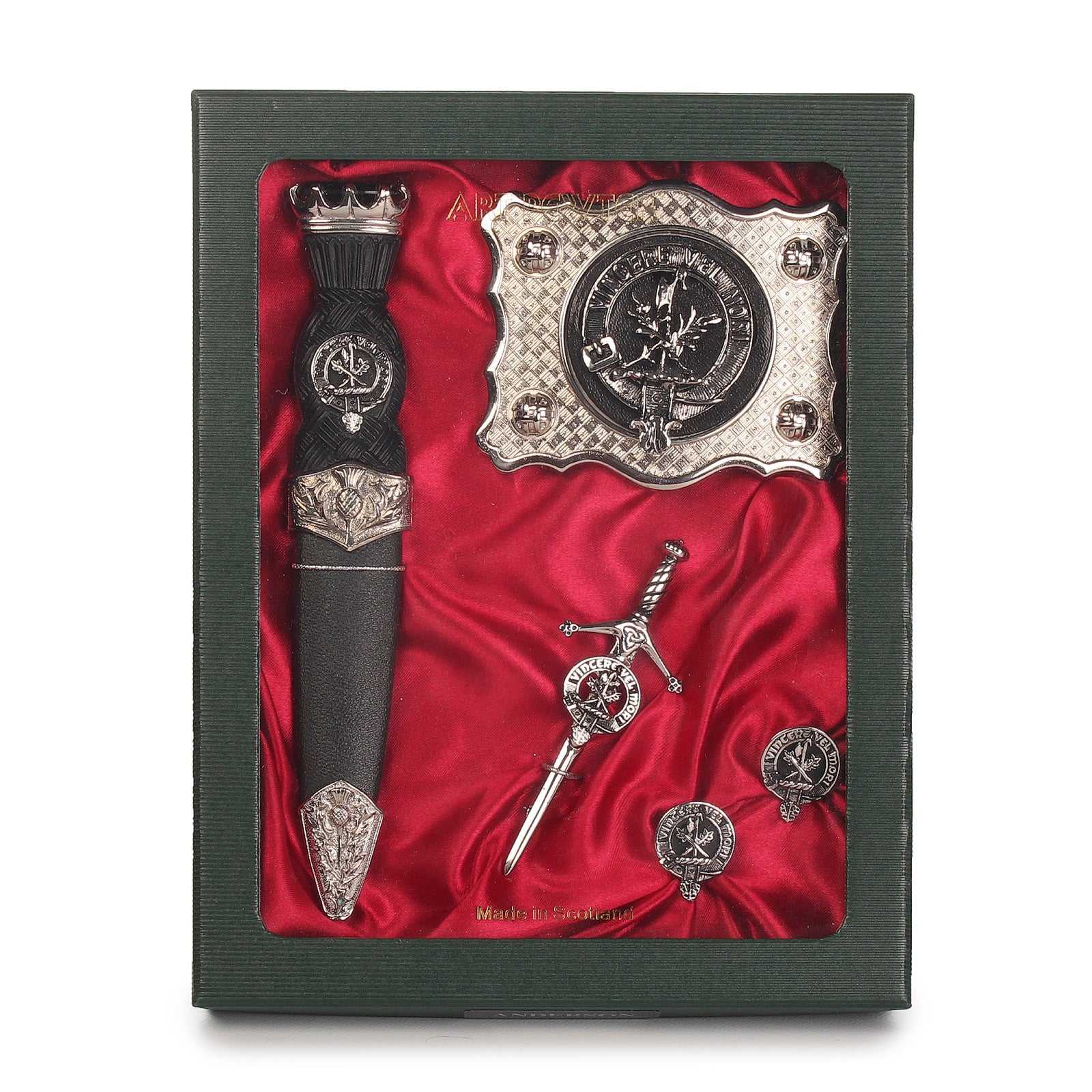 MacLaine Clan Badge, Kilt Pin, Lapel Pin, Cufflinks, Keyring/Key Fob & Gift Set — Fine Pewter by Art Pewter — Made in Scotland (Shiny Finish) - Heritage Of Scotland - Badge