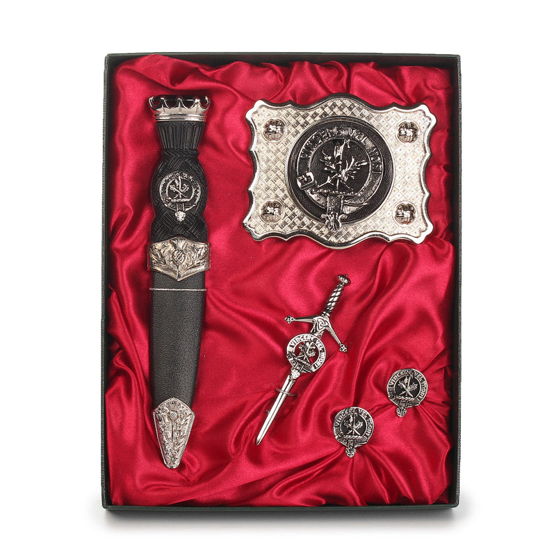 MacLaine Clan Badge, Kilt Pin, Lapel Pin, Cufflinks, Keyring/Key Fob & Gift Set — Fine Pewter by Art Pewter — Made in Scotland (Shiny Finish) - Heritage Of Scotland - Gift Set