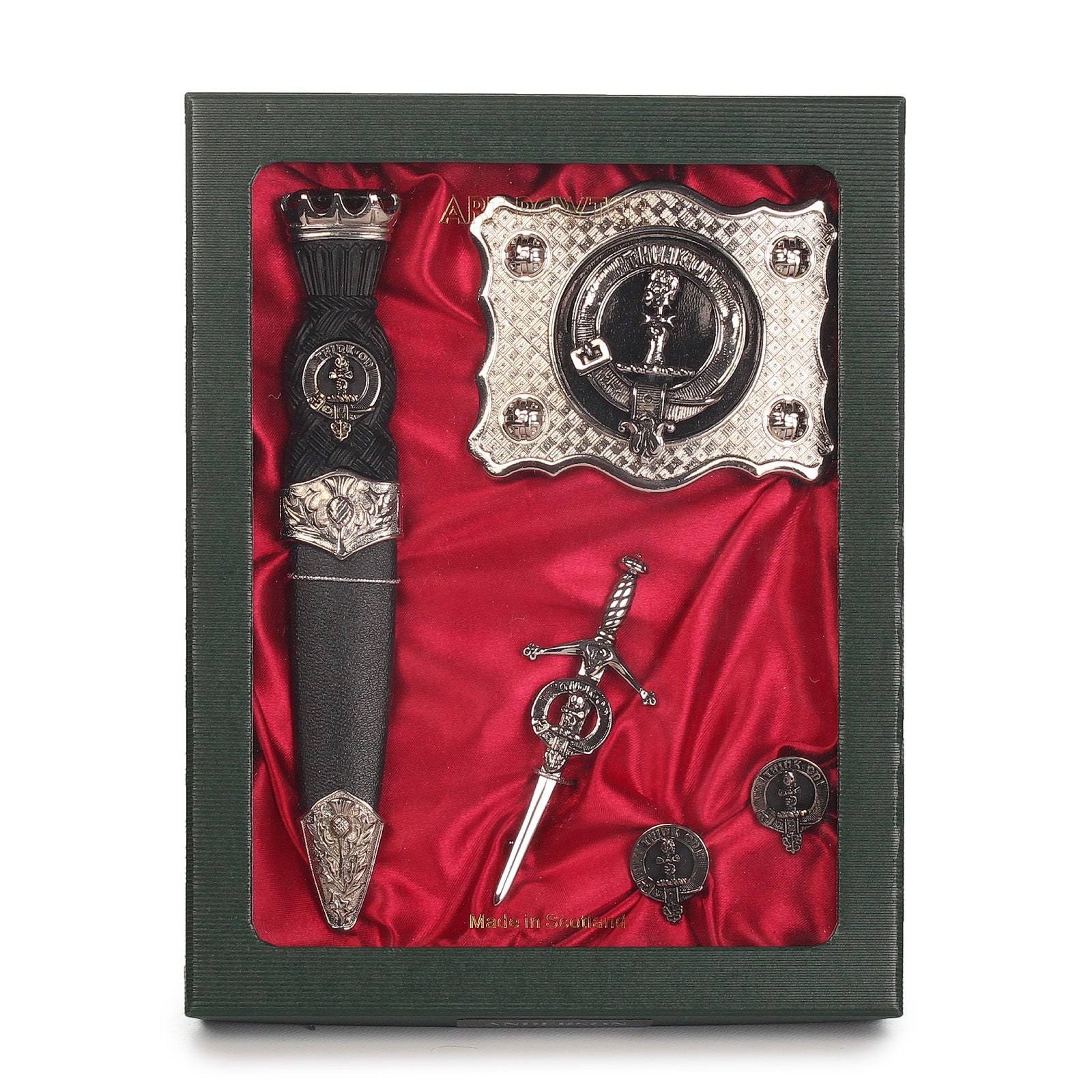 MacLellan Clan Badge, Kilt Pin, Lapel Pin, Cufflinks, Keyring/Key Fob & Gift Set — Fine Pewter by Art Pewter — Made in Scotland (Shiny Finish) - Heritage Of Scotland - Gift Set