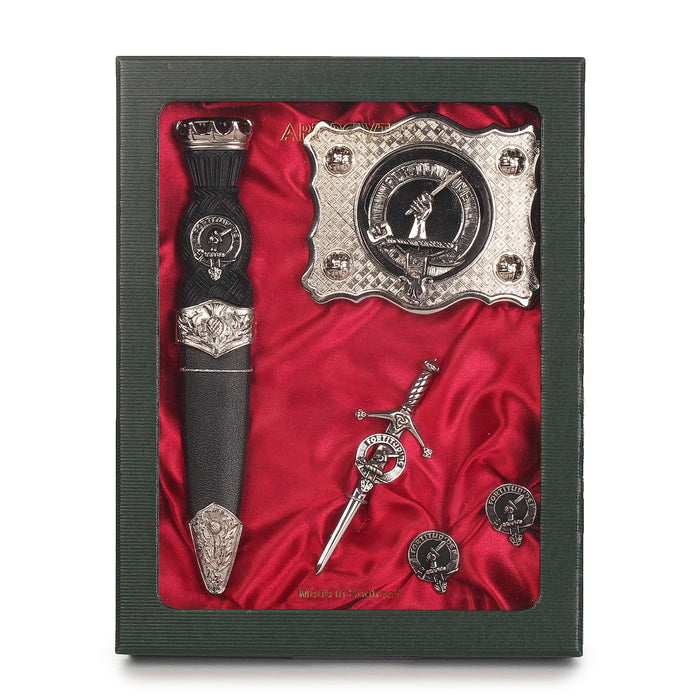 MacRae Clan Badge, Kilt Pin, Lapel Pin, Cufflinks, Keyring/Key Fob & Gift Set — Fine Pewter by Art Pewter — Made in Scotland (Shiny Finish) - Heritage Of Scotland - Gift Set