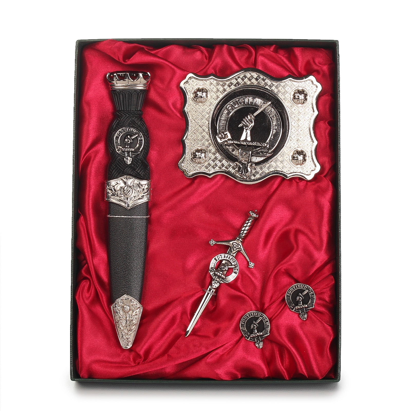 MacRae Clan Badge, Kilt Pin, Lapel Pin, Cufflinks, Keyring/Key Fob & Gift Set — Fine Pewter by Art Pewter — Made in Scotland (Shiny Finish) - Heritage Of Scotland - Gift Set