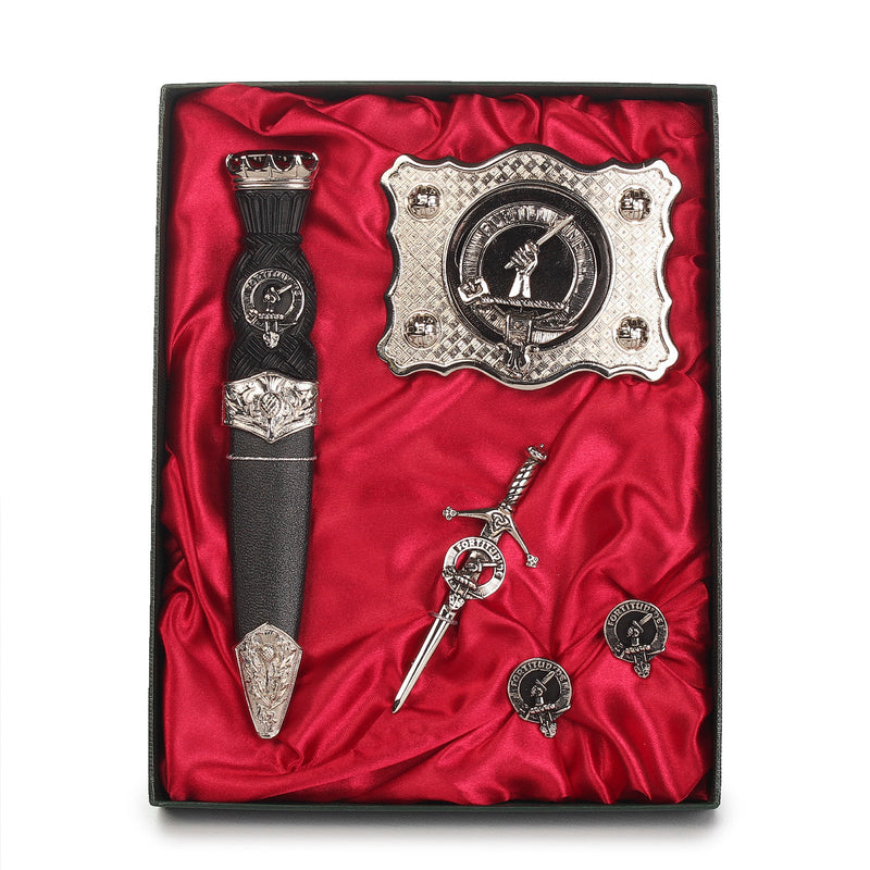 MacRae Clan Badge, Kilt Pin, Lapel Pin, Cufflinks, Keyring/Key Fob & Gift Set — Fine Pewter by Art Pewter — Made in Scotland (Shiny Finish) - Heritage Of Scotland - Gift Set