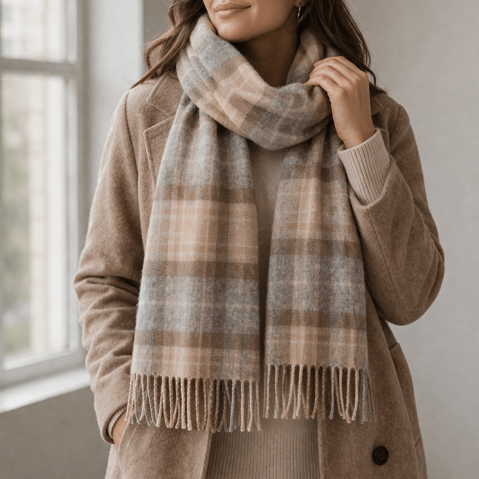 Marchbrae 100% Lambswool Scarf – Traditional Tartan & Check Designs - Made in Scotland - Heritage Of Scotland - Mackellar Natural