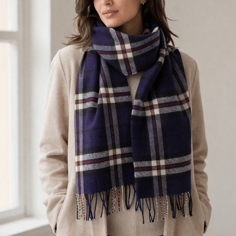 Marchbrae 100% Lambswool Scarf – Traditional Tartan & Check Designs - Made in Scotland - Heritage Of Scotland - Thomson Navy