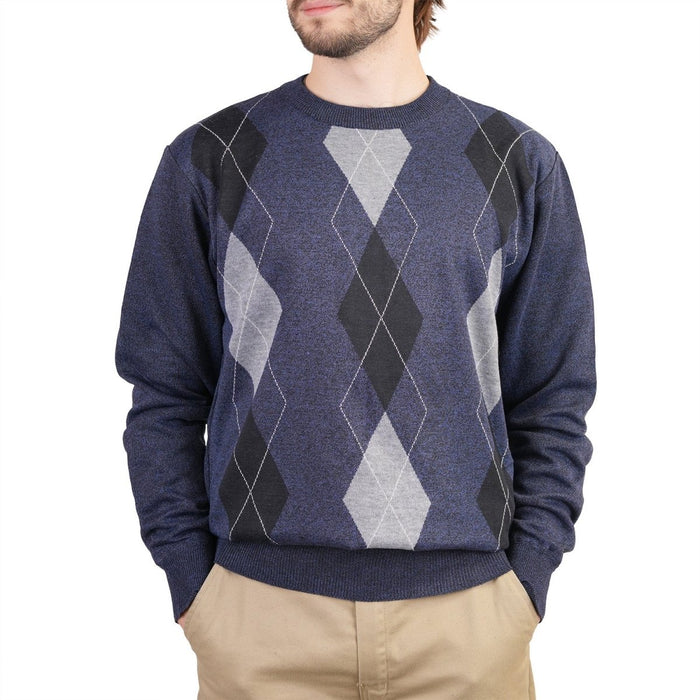 Men's Argyle Ballantrae Jumper Crew Neck Blue Melange - Heritage Of Scotland - BLUE MELANGE