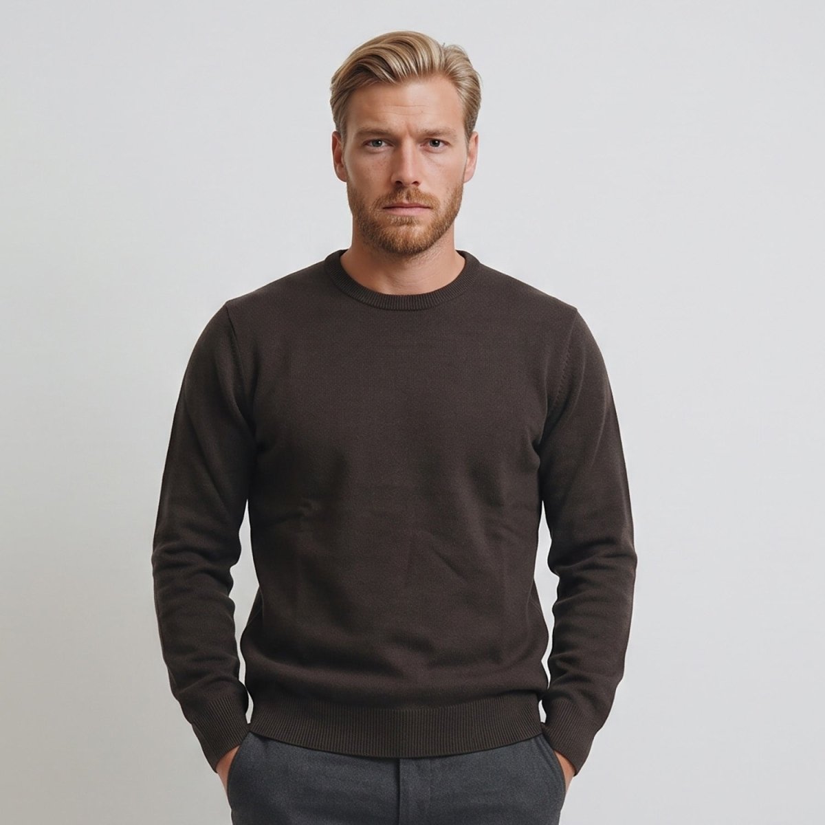 Men's Dunedin Cashmere 100% Cashmere Crew Neck Jumper - Chocolate Brown - Heritage Of Scotland - S