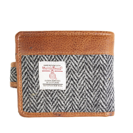 Mens Ht Leather Wallet With Loop Closer Black & White Herringbone / Tan - Heritage Of Scotland - BLACK & WHITE HERRINGBONE / TAN