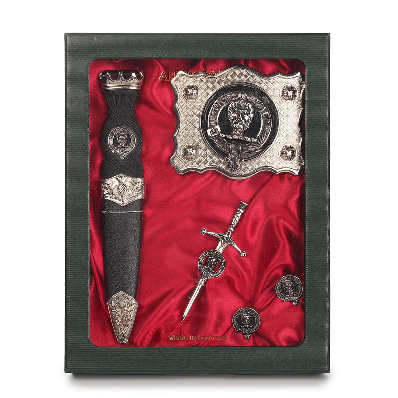 Menzies Clan Badge, Kilt Pin, Lapel Pin, Cufflinks, Keyring/Key Fob & Gift Set — Fine Pewter by Art Pewter — Made in Scotland (Shiny Finish) - Heritage Of Scotland - Gift Set