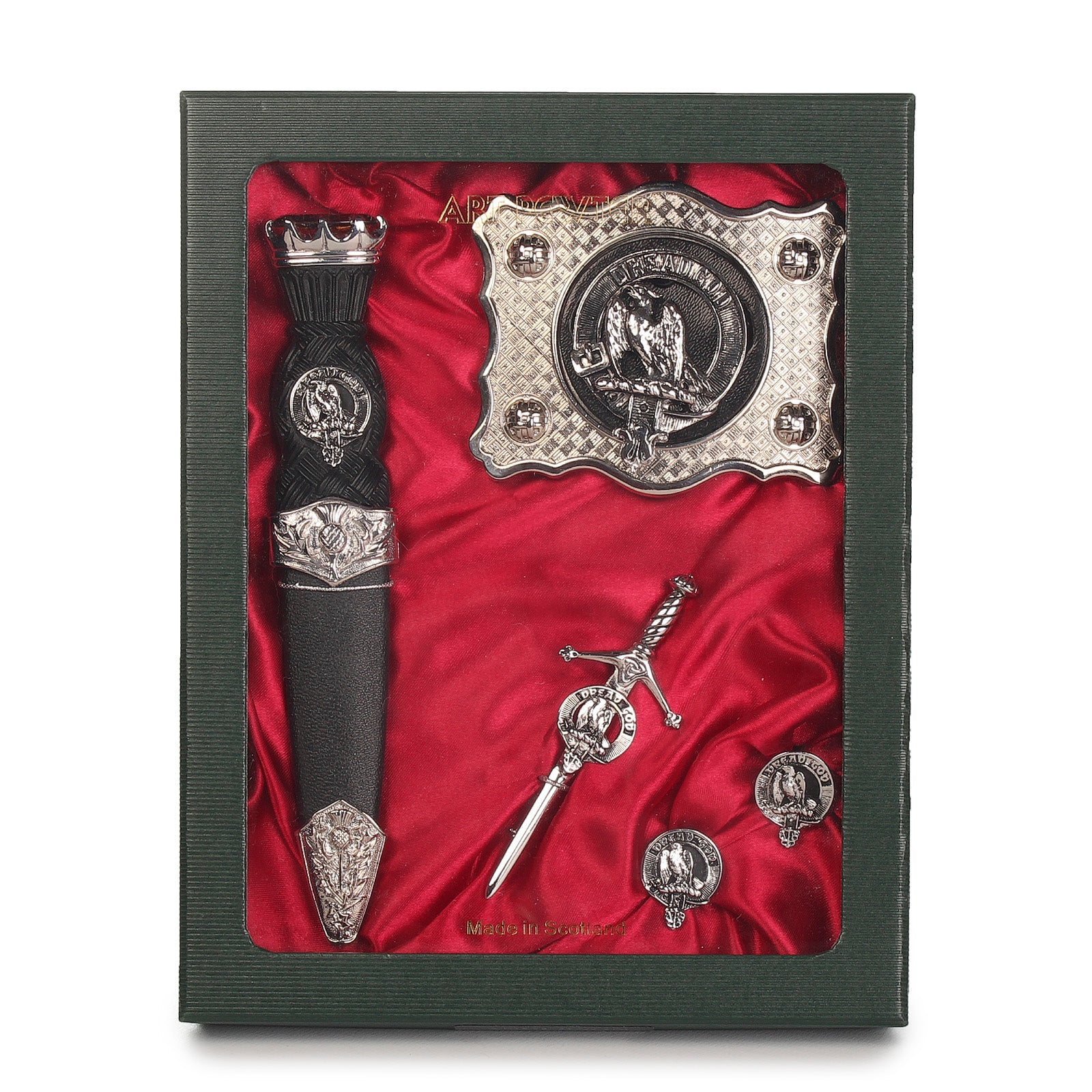 Munro Clan Badge, Kilt Pin, Lapel Pin, Cufflinks, Keyring/Key Fob & Gift Set — Fine Pewter by Art Pewter — Made in Scotland (Shiny Finish) - Heritage Of Scotland - Gift Set