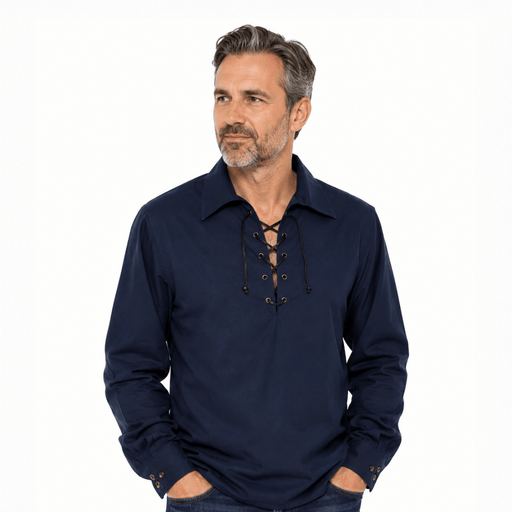 Navy Scottish Lace-Up Ghillie Shirt Heritage Top - Heritage Of Scotland - NAVY / S