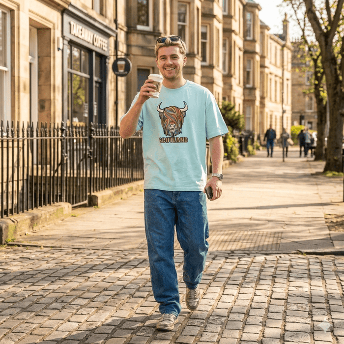 Pastel Highland Cow 3D Puff T-Shirt Aqua – Scotland Graphic Unisex Tee - Heritage Of Scotland - XS