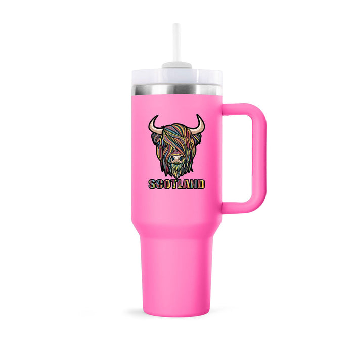 Pastel Highland Cow Cup 40Oz With Straw Raspberry Rose - Heritage Of Scotland - RASPBERRY ROSE