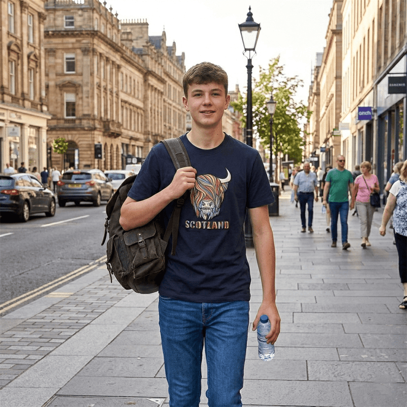 Pastel Highland Cow T-shirt Navy - Heritage Of Scotland - XS