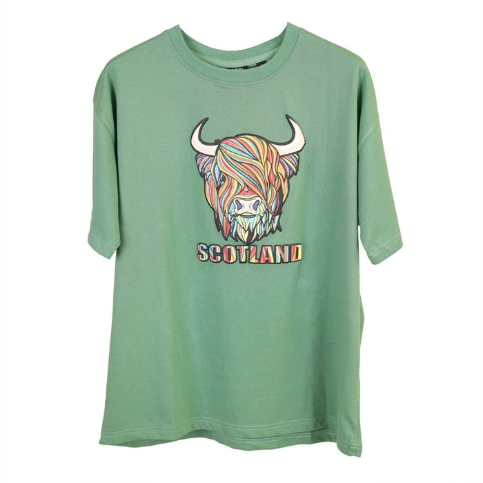 Pastel Highland Cow Tshirt Green - Heritage Of Scotland - XS