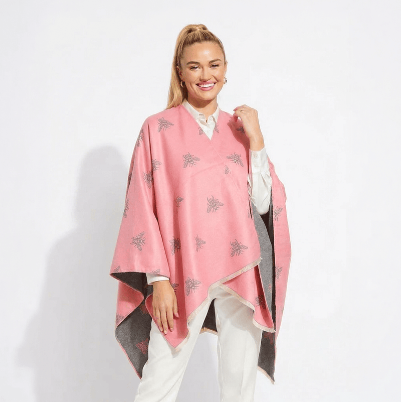 Pink Bee Print Reversible Wrap Cape for Women - DUSKY PINK - Heritage Of Scotland -