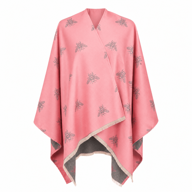 Pink Bee Print Reversible Wrap Cape for Women - DUSKY PINK - Heritage Of Scotland -