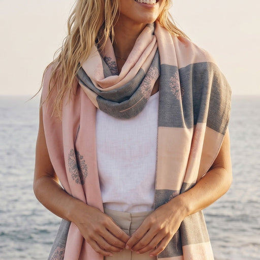 Pink Dandelion Print Scarf for Women | Soft Lightweight Wrap - LIGHT PINK AND GREY - Heritage Of Scotland -