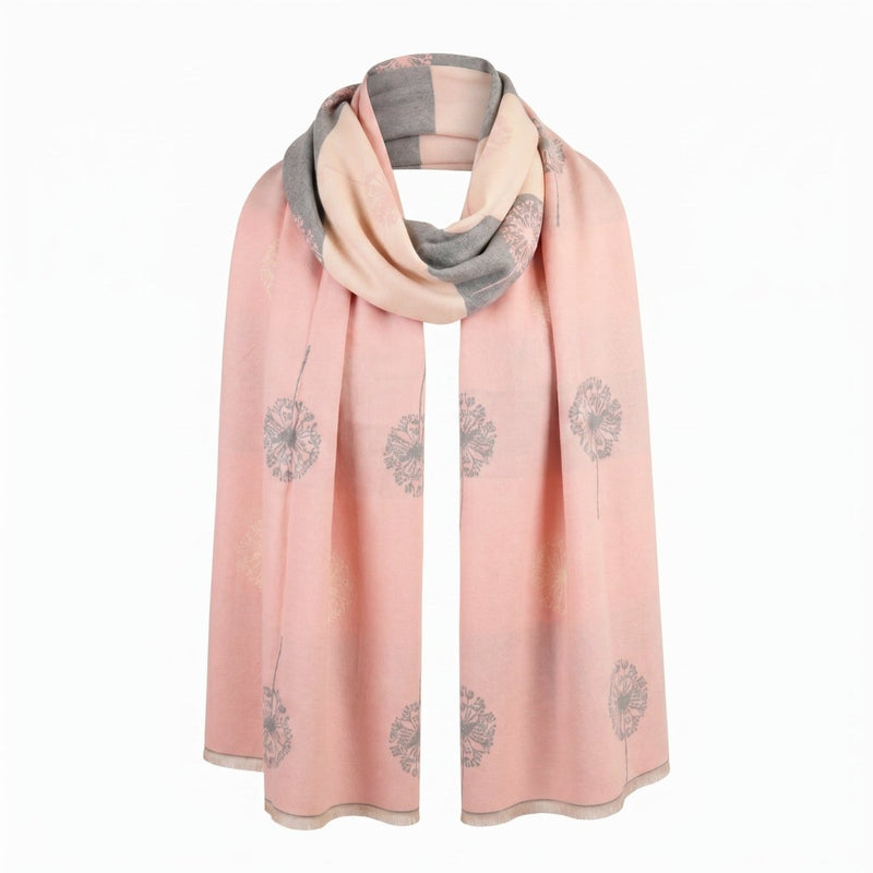 Pink Dandelion Print Scarf for Women | Soft Lightweight Wrap - LIGHT PINK AND GREY - Heritage Of Scotland -