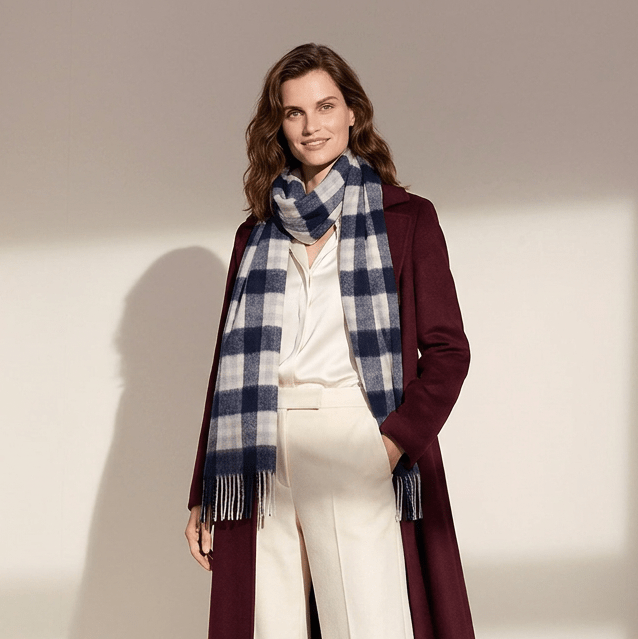 Premium 100% Pure Cashmere Wide Fringed Scarf - MACKELLAR BLUE - Heritage Of Scotland -