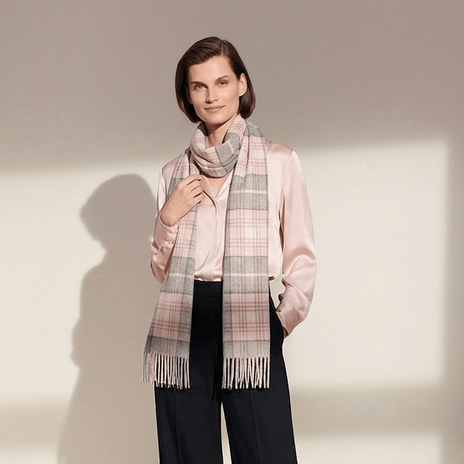 Premium 100% Pure Cashmere Wide Fringed Scarf - MACKELLAR PINK - Heritage Of Scotland -