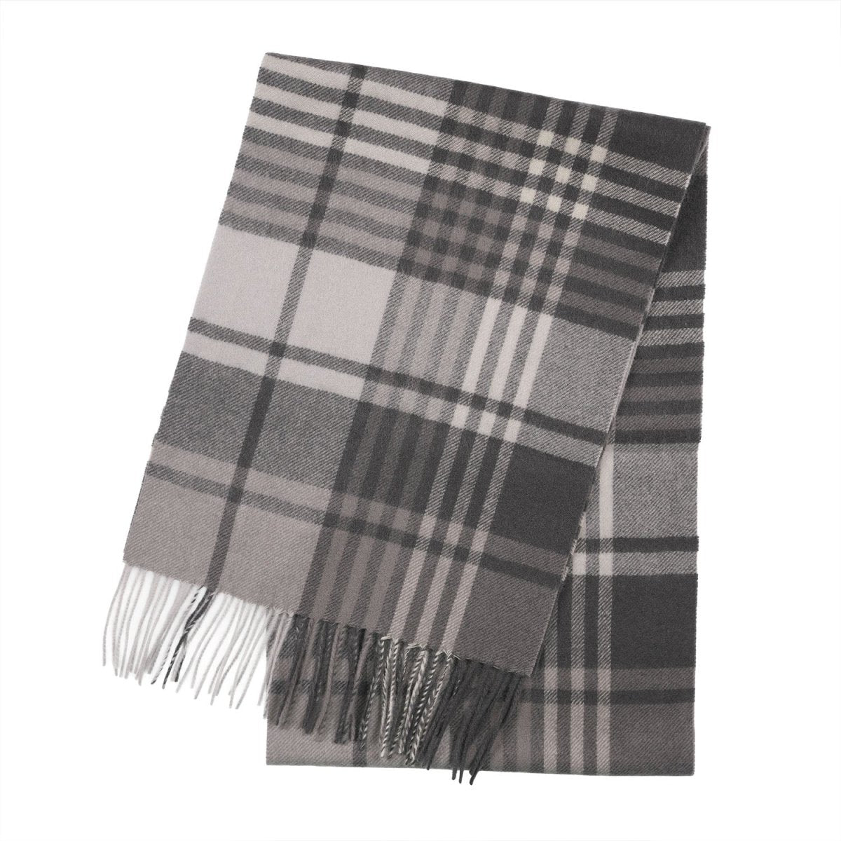 Premium 100% Pure Cashmere Wide Fringed Scarf - SQUARE GINGHAM GREY - Heritage Of Scotland -