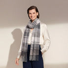 Premium 100% Pure Cashmere Wide Fringed Scarf - SQUARE GINGHAM GREY - Heritage Of Scotland -