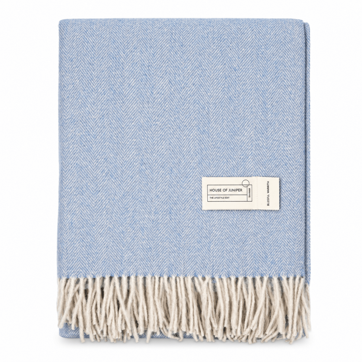 Recycled Wool Herringbone Blanket with Fringe - Soft Warm Throw - CORNFLOWER - Heritage Of Scotland -