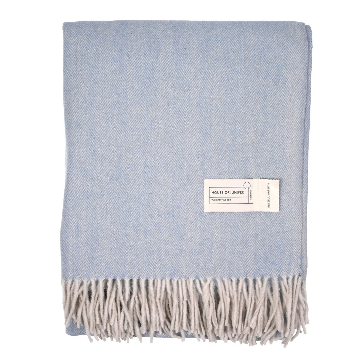 Recycled Wool Herringbone Blanket with Fringe - Soft Warm Throw - CORNFLOWER - Heritage Of Scotland -