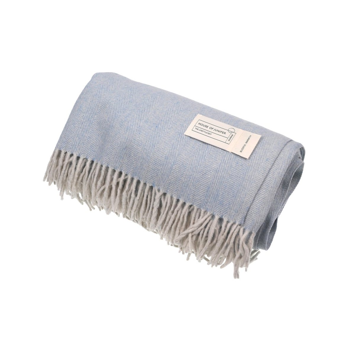Recycled Wool Herringbone Blanket with Fringe - Soft Warm Throw - CORNFLOWER - Heritage Of Scotland -