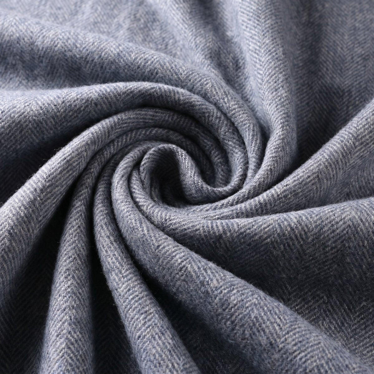 Recycled Wool Herringbone Blanket with Fringe - Soft Warm Throw - DENIM - Heritage Of Scotland -