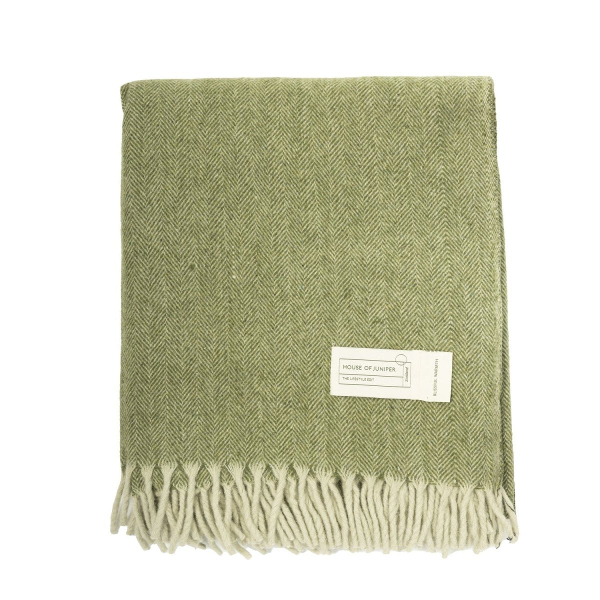 Recycled Wool Herringbone Blanket with Fringe - Soft Warm Throw - GREEN - Heritage Of Scotland -