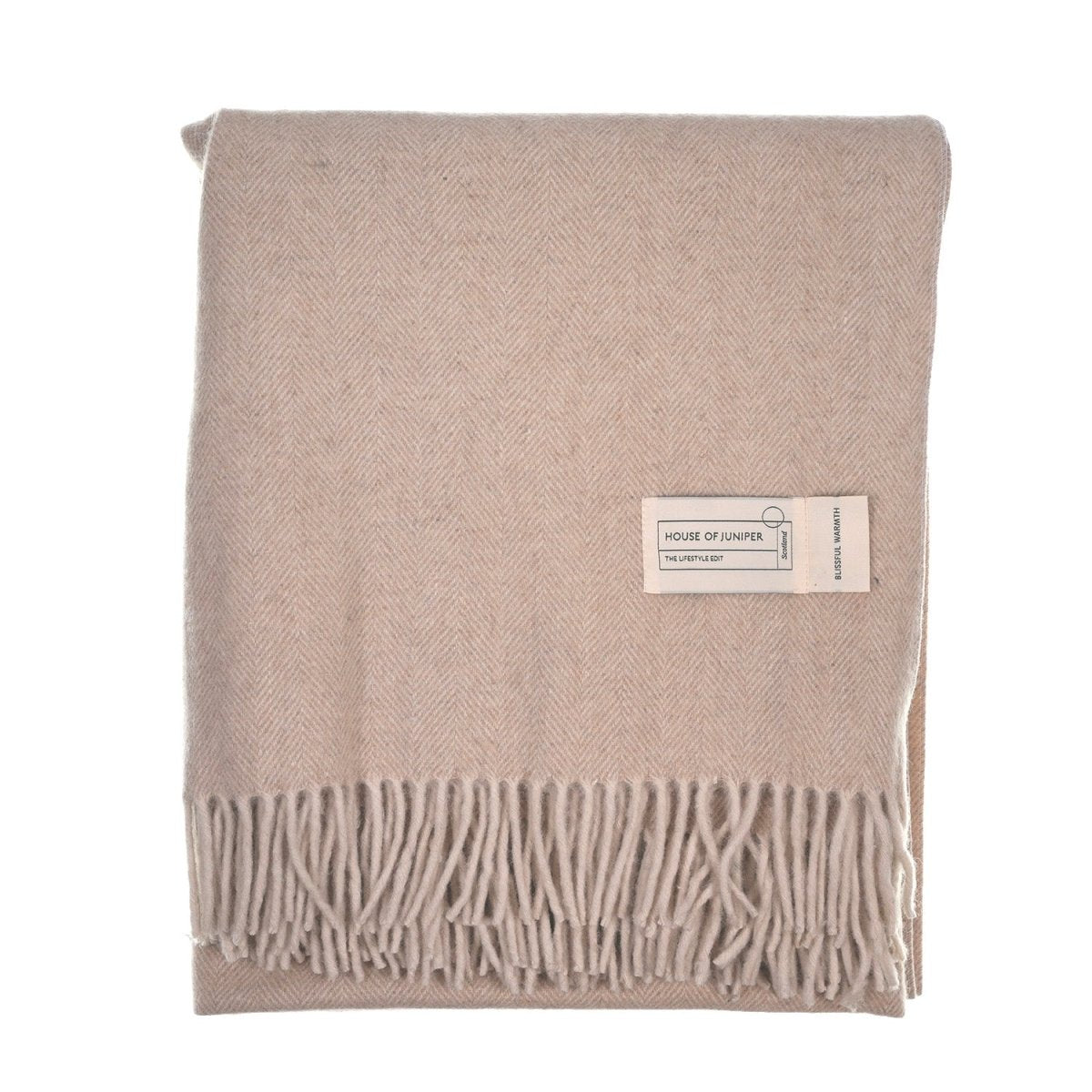 Recycled Wool Herringbone Blanket with Fringe - Soft Warm Throw - OATMEAL - Heritage Of Scotland -