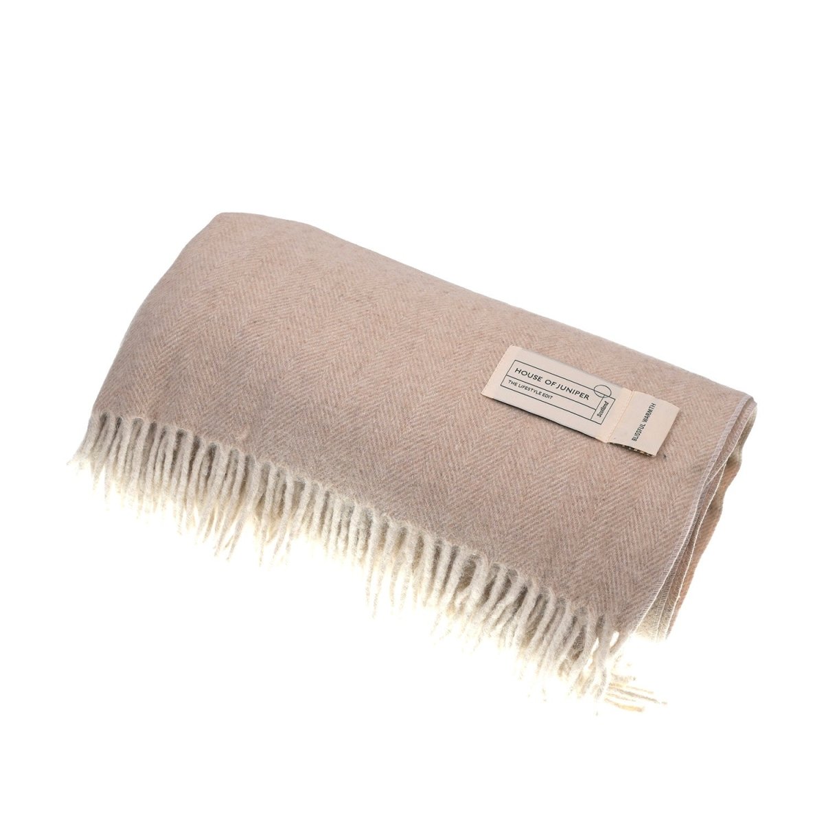 Recycled Wool Herringbone Blanket with Fringe - Soft Warm Throw - OATMEAL - Heritage Of Scotland -