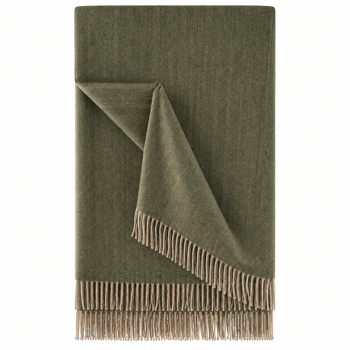 Recycled Wool Herringbone Blanket with Fringe – Soft Warm Throw - Heritage Of Scotland - Olive
