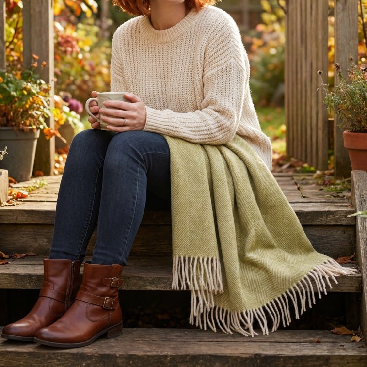 Recycled Wool Herringbone Knee Blanket – Pastel Fringed Throw - GREEN - Heritage Of Scotland -