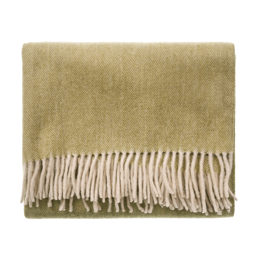 Recycled Wool Herringbone Knee Blanket – Pastel Fringed Throw - GREEN - Heritage Of Scotland -