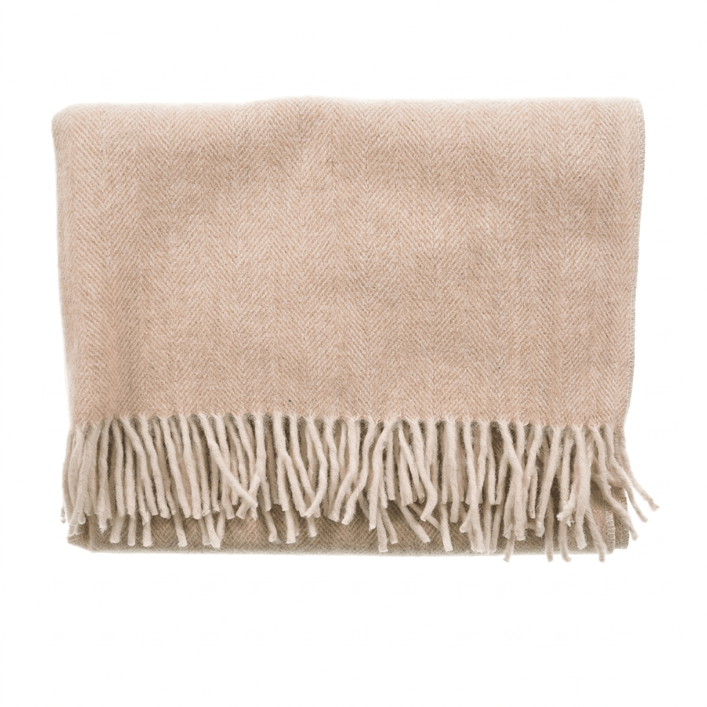 Recycled Wool Herringbone Knee Blanket – Pastel Fringed Throw - SAND BEIGE/NATURAL - Heritage Of Scotland -