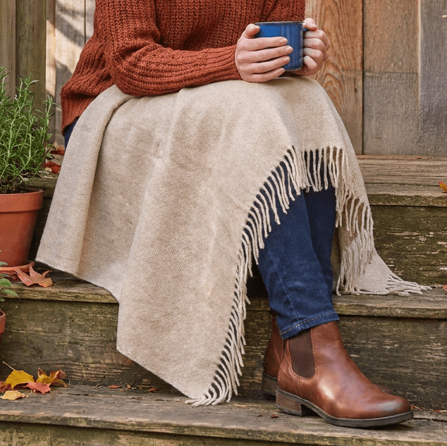 Recycled Wool Herringbone Knee Blanket – Pastel Fringed Throw - SAND BEIGE/NATURAL - Heritage Of Scotland -