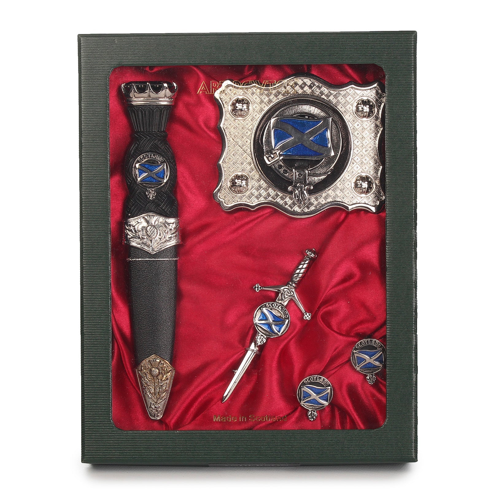 Saltire Clan Badge, Kilt Pin, Lapel Pin, Cufflinks, Keyring/Key Fob & Gift Set — Fine Pewter by Art Pewter — Made in Scotland (Shiny Finish) - Heritage Of Scotland - Gift Set