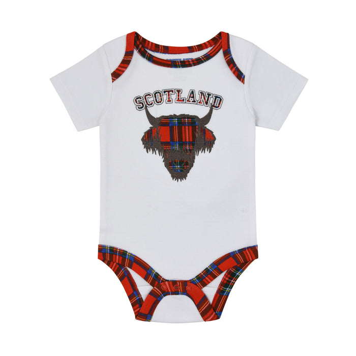 Scotland Cow Babygrow - Heritage Of Scotland - WHITE/RED TARTAN TRIM