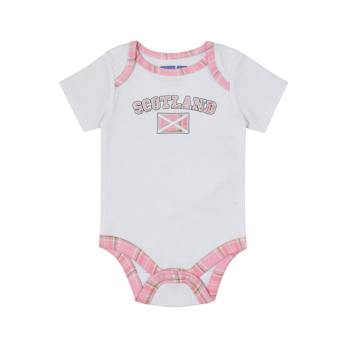 Scotland Flag Babygrow - Heritage Of Scotland - WHITE/PINK TARTAN TRIM