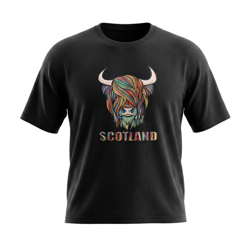 Scotland Unisex Rainbow Highland Cow Graphic T-Shirt – Black - Heritage Of Scotland - XS