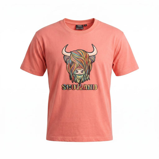 Scotland Unisex Rainbow Highland Cow Graphic T-Shirt – Coral - Heritage Of Scotland - XS