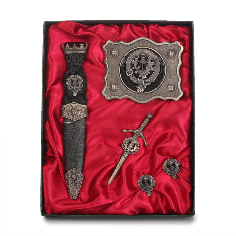 Scots Thistle Clan Badge, Kilt Pin, Lapel Pin, Cufflinks, Keyring/Key Fob & Gift Set — Fine Pewter by Art Pewter — Made in Scotland (Shiny Finish) - Heritage Of Scotland - Gift Set